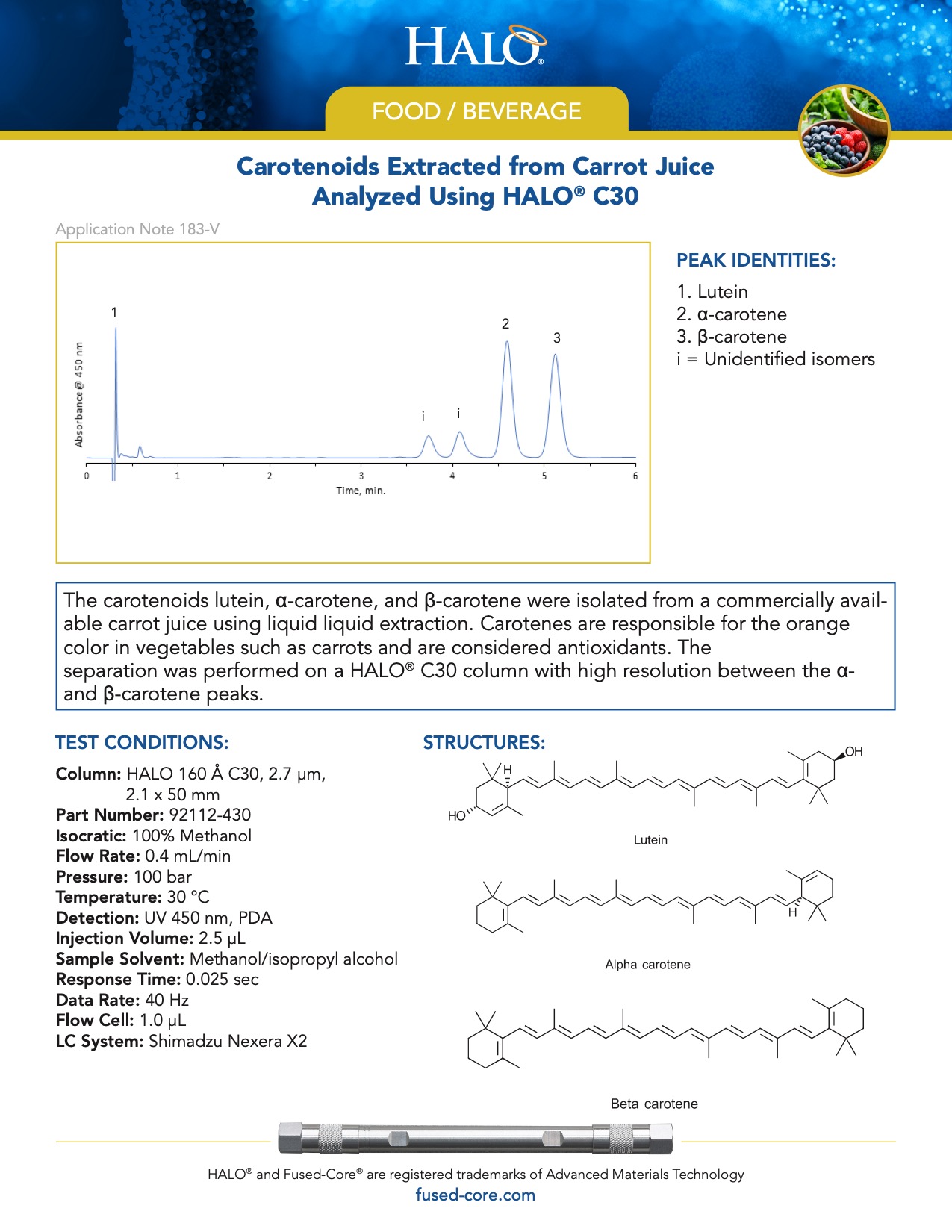 Application Of Chromatography In Food Industry - Carotenoids Extracted From Carrot Juice Analyzed Using Halo C30