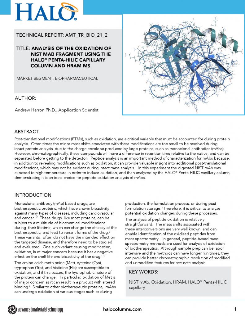 technical report: analysis of the oxidation of NIST mAb fragment using the halo penta-hilic capillary column and HRAM MS