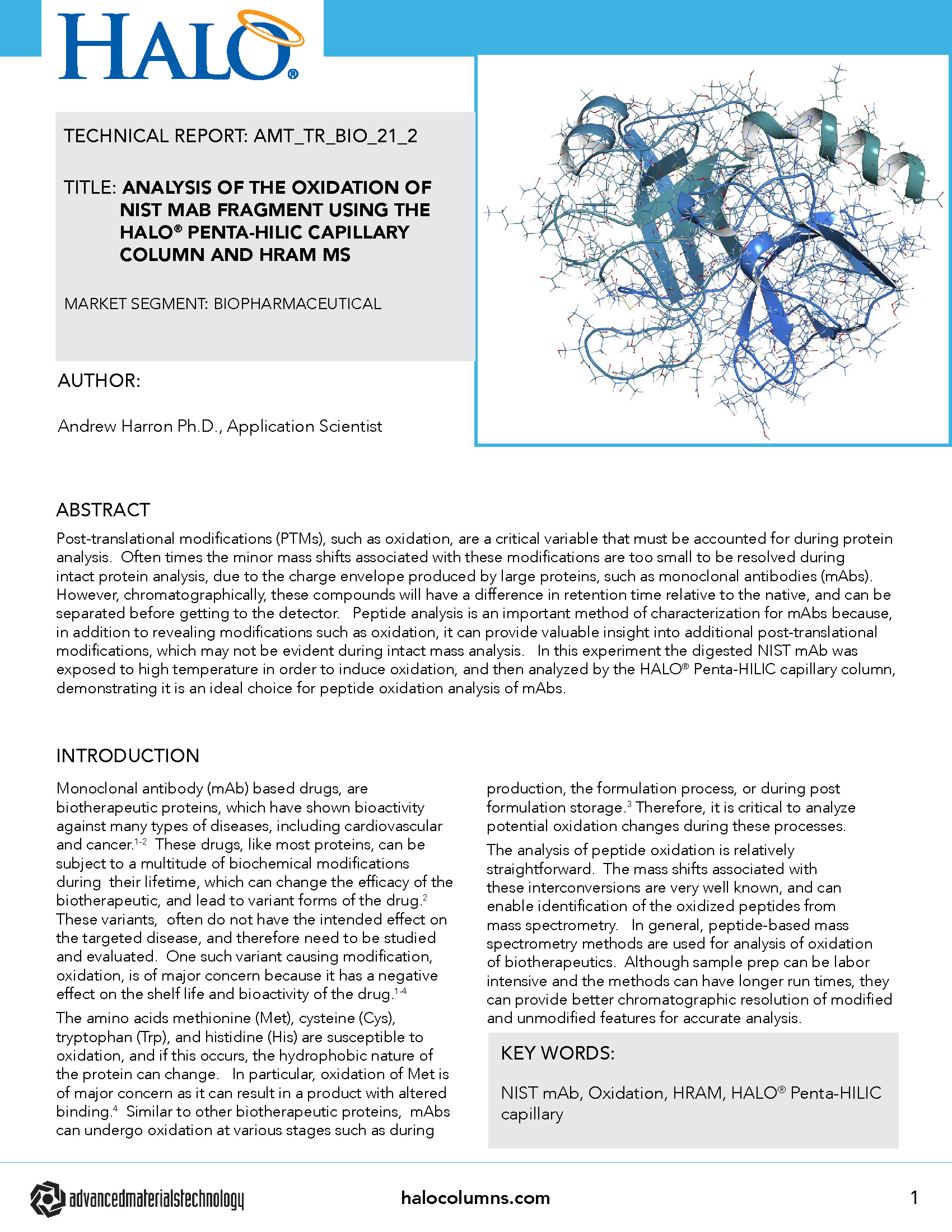 Technical Report: Analysis Of The Oxidation Of NIST MAb Fragment Using The Halo Penta-hilic Capillary Column And HRAM MS